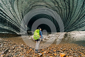 Rounded tunnel ice cave view from the inside. Cueva de Jimbo, Ushuaia, Tierra del Fuego