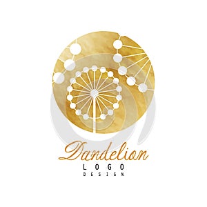 Rounded vector label with dandelion. Abstract wild flower on golden detailed texture. Logo with gentle colors. Design