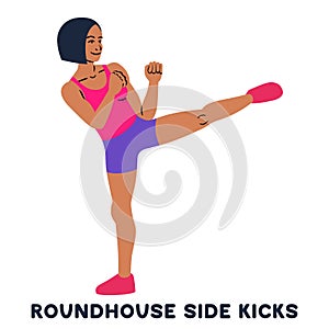 Roundhouse side kicks. Side kick. Sport exersice. Silhouettes of woman doing exercise. Workout, training photo