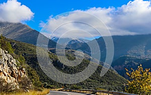 Rounding a curve going downhill through the Taygetos mountain range in the Peloponnese peninsula in Southern Greece on a winter