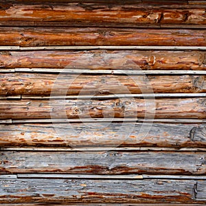 Roundish Rustic Log Wall Horizontal Timber Background. Natural texture part facade of a log wall of cabin or house