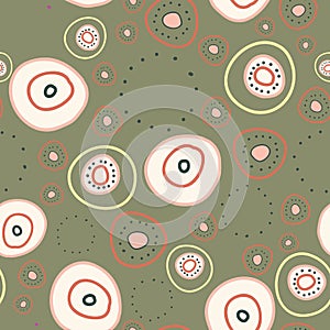 Roundish Things Circles and rings on muted moss green background seamless repeat vector pattern