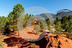 Roussillon ochre red deposit with Blue sky hills and green pines in Rustrel Luberon in France