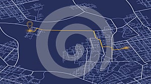 Rout, location marked with pin on isometric city map. Navigation pin. Generic city map with signs of streets, roads and