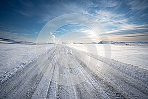 Route 1 Ring Road after a snow blizzard under the sun, Iceland