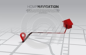 Route between 3D location pin markers and home icon on city road map.