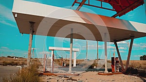 Route 66. crisis road 66 fueling slow motion video. Old dirty deserted gas station. U.S. closed lifestyle supermarket