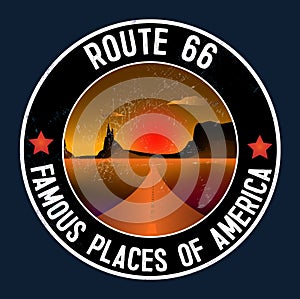 Route 66 and the Grand Canyon desert landscape sticker. Route 66, roadway with a pointer, the horizon with a sandy wasteland.