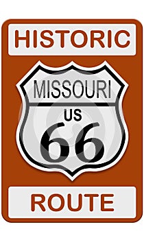 Route 66 old historic traffic sign with Missouri state