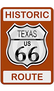 Route 66 old historic traffic sign with Texas state