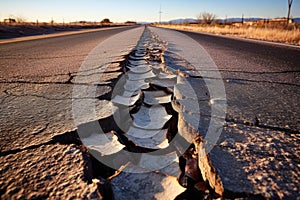 route 66 sign on a cracked, worn asphalt road