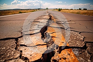 route 66 sign on a cracked, worn asphalt road