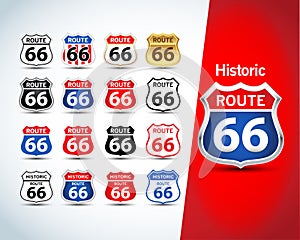Route 66 sign set. Isolated route 66 emblems, badges, t-shirt apparel graphics. Isolated illustrations
