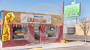 Route 66: Badland's Burgers; historic Uranium Cafe neon sign, Grants, NM