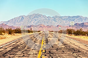 Route 66 crossing the Mojave Desert near Amboy, California, United States . The road is under repairs