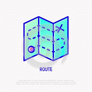 Route on folded map thin line icon