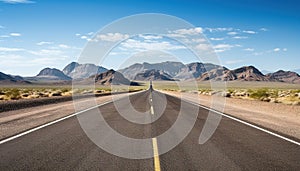 Route 66 highway road at midday clear sky desert mountains background landscape