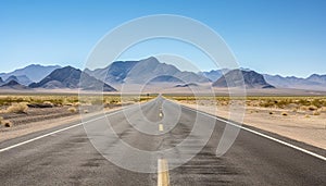 Route 66 highway road at midday clear sky desert mountains background landscape