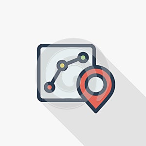 Route, itinerary map thin line flat color icon. Linear vector symbol. Colorful long shadow design.