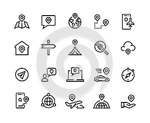 Route line icons. GPS navigation and tracking system, app UI graphic symbols for find device, home and work location