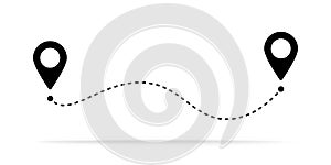 Route location icon, two pin sign and dotted line road, start and end journey symbol, black color vector