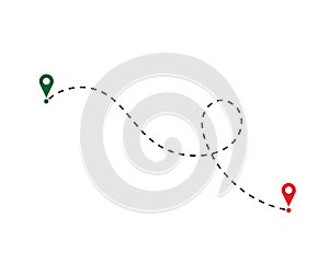 Route location icon, two pin sign and dotted line road, start and end journey symbol, vector illustration on white background