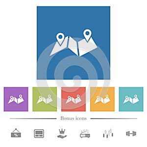 Route plan flat white icons in square backgrounds