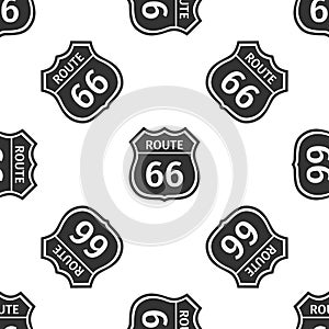 Route sixty six road sign. American road icon seamless pattern on white background