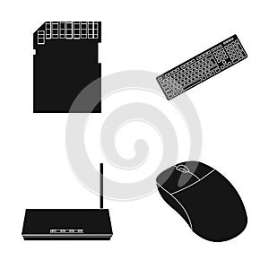 Router, computer mouse and other accessories. Personal computer set collection icons in black style vector symbol stock