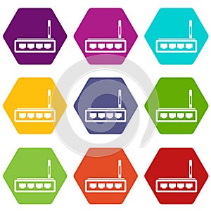 Router icon set color hexahedron