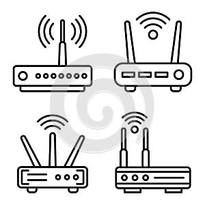 Router icons set, outline style