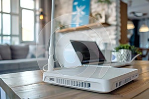 A router and laptop are on a wooden table in a building