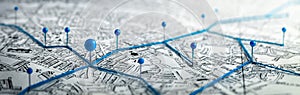 Routes with blue pins on a city map. Concept on the  adventure, discovery, navigation, communication, logistics, geography,