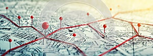 Routes with red pins on a city map. Concept on the  adventure, discovery, navigation, communication, logistics, geography,