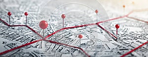 Routes with red pins on a city map. Concept on the  adventure, discovery, navigation, communication, logistics, geography,