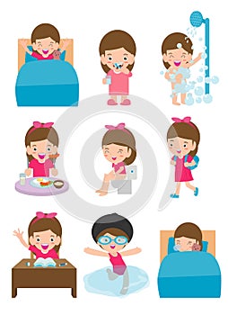 Daily routine activities for kids with cute girl,routines for kids, daily routine of child, Little children daily activities