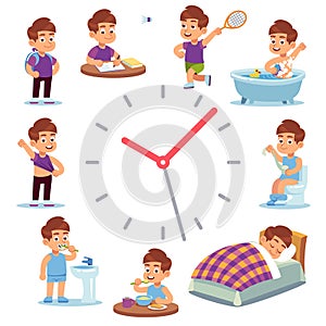 Daily routine clocks. Daily routine clocks. Schedule of happy boy life from morning breakfast at home eating school to