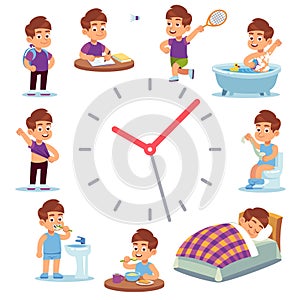 Daily routine clocks. Daily routine clocks. Schedule of happy boy life from morning breakfast at home eating school to photo
