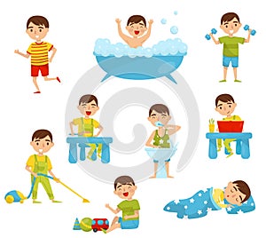 Daily routine of cute boy set, kids activity, boy doing sports, taking bath, having breakfast, reading book, playing photo