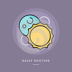 Daily routine, flat design thin line banner. Vector illustration.