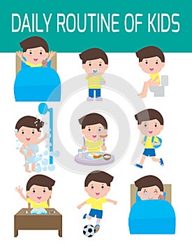 Daily routine of happy kids. infographic element. Health and hygiene, daily routines for children, Vector Illustration.