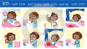 Daily routine of a little black girl with dark brown hair - Set of eight good morning and good night routine actions