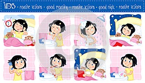 Daily routine of a little girl with dark hair - Set of eight good morning and good night routine actions