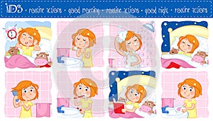 Daily routine of a little girl with ginger hair - Set of eight good morning and good night routine actions