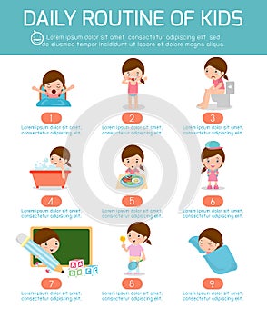 Daily routine, daily routine of happy kids . infographic element. Health and hygiene, daily routines for kids, Vector Illustration