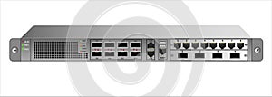 Routing IP traffic for mounting with a 19 inch rack. Two additional modules with RG-45 connectors and optical SFP modules. photo