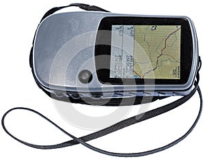 Routing navigator device for hiking, unit with lcd screen and waterproof case, isolated on white background