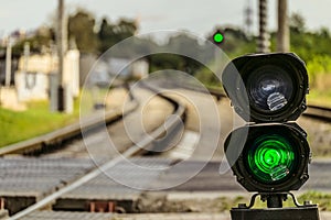 Routing traffic light with a green signal on railway