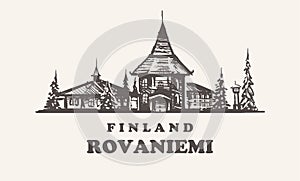 Rovaniemi, Finland vintage vector illustration, hand drawn buildings