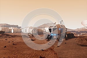 Rover all-terrain vehicle on the surface of Mars. Colonization of Mars, Martian surface and base, building a colony on Mars.